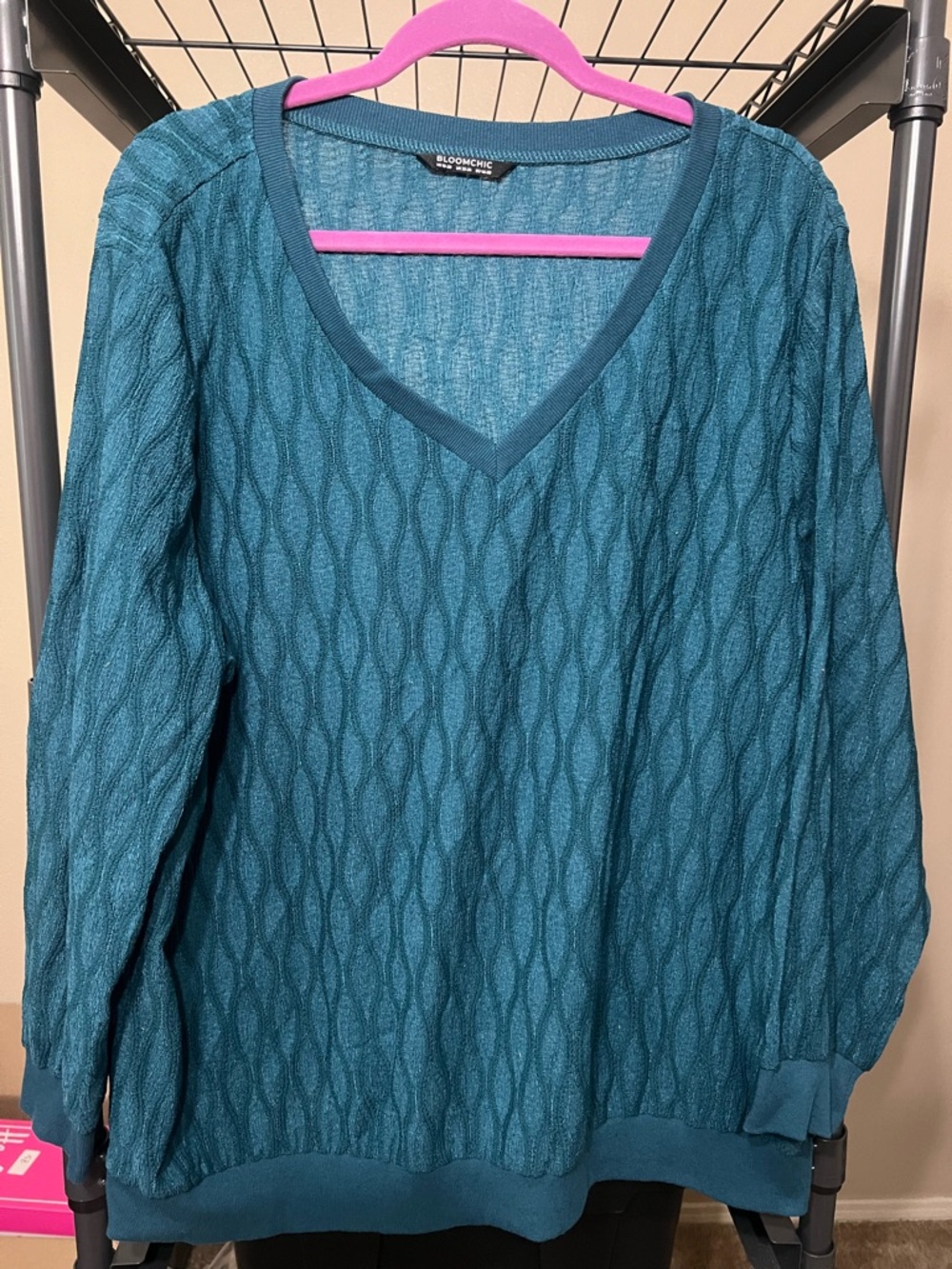 BloomChic Teal Cable Knit V-Neck Sweater